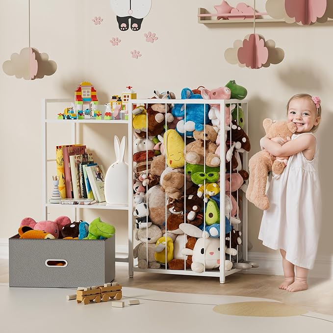 Stuffed Animal Storage, Metal Toy Storage Organizer Shelf with Kids Bookshelf, Sturdy Plushie Toys Holder Bin Multipurpose Toys Book Rack Zoo Cage for Kids Room, Nursery, PlayRoom, Birthday, White