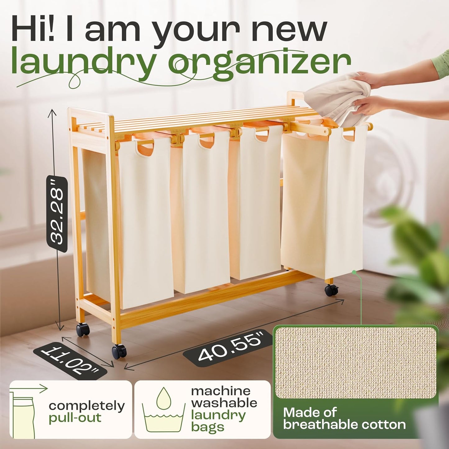 Laundry Sorter with 4 Sections beige, Hamper with Removable Cotton Bags & Wheels – Perfect Laundry Organizer - Eco-Friendly Rolling Laundry Basket – Durable Bamboo and Stylish Design