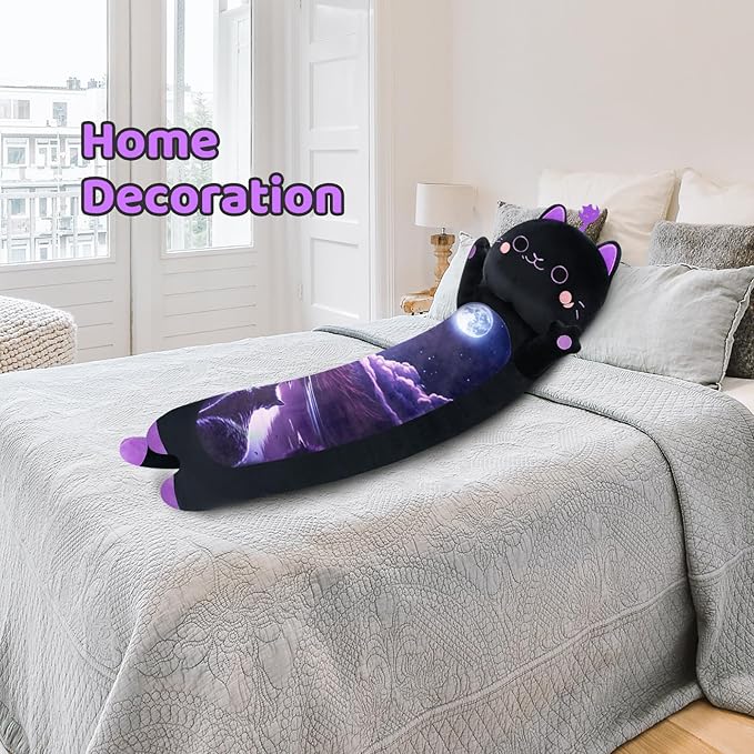 Long Cat Plush Kawaii Kids Plush Toy Pillows, Cute Black Cat Stuffed Animals Soft Plushies, Kitten Big Plush Toys Throw Body Pillow Doll Gift for Girls Boys (Purple Devil Cat 44 Inch)