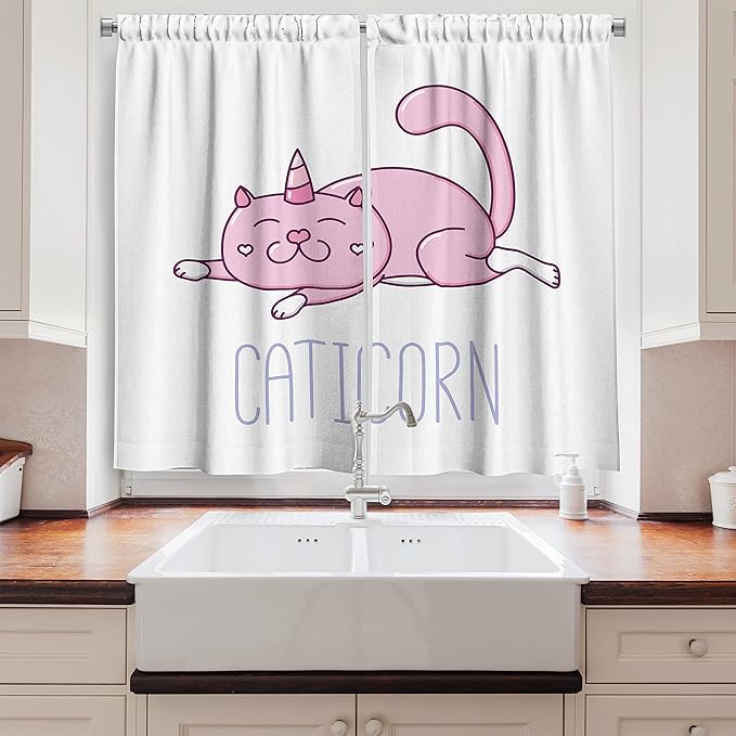 Ambesonne Unicorn Cat Long Kitchen Curtains, Pink Cat a Horn and Funny Expression Lying Caticorn Cartoon Mascot, Two Panels Drapes with Rod Pocket Room Decor, 55" x 45", White Lilac