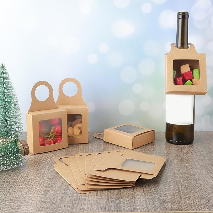 Sibba 20Count Kraft Paper Wine Bottle Box with Window Handles Hanging Foldable Gift Wine Sets Folding Kraft Bags for Kitchen Christmas Dining Engagement