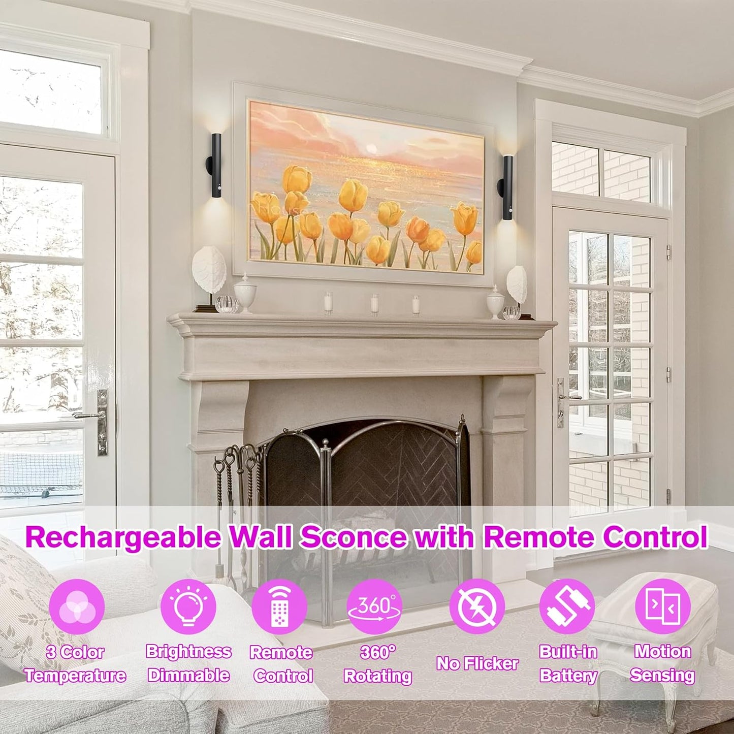 Battery Operated Wall Sconce Set of Two, Rechargeable Wall Lights with Motion Sensor, Remote Control, Dimmable Metal Magnetic Wall Lamp for Decor, Bedroom, Night Light (Black, 2 Pcs)