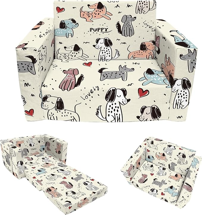 Kids Couch, 2-in-1 Convertible Sofa to Lounger, Comfy Flip-Out Couch Chair/Sleeper Bed for Toddler Boys and Girls (Beige-Dog)