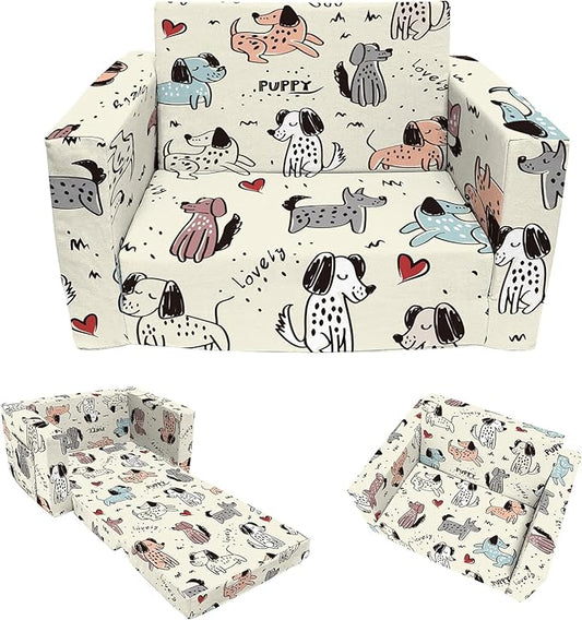 Kids Couch, 2-in-1 Convertible Sofa to Lounger, Comfy Flip-Out Couch Chair/Sleeper Bed for Toddler Boys and Girls (Beige-Dog)