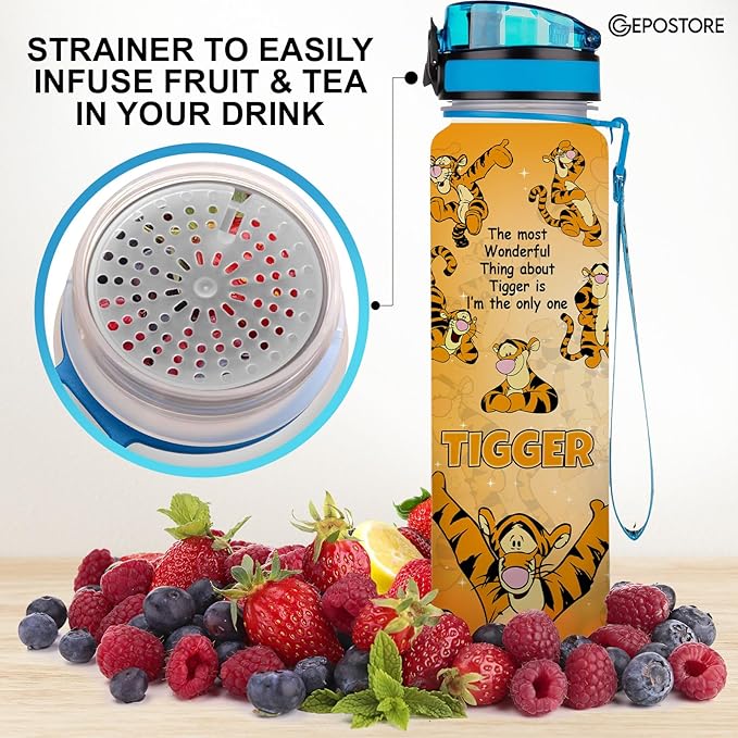Orange Tiger 32 Oz Insulated Water Track Bottle, Orange Cartoon Character Water Bottle With Time Marker, Motivational Gifts For Cartoon Lovers
