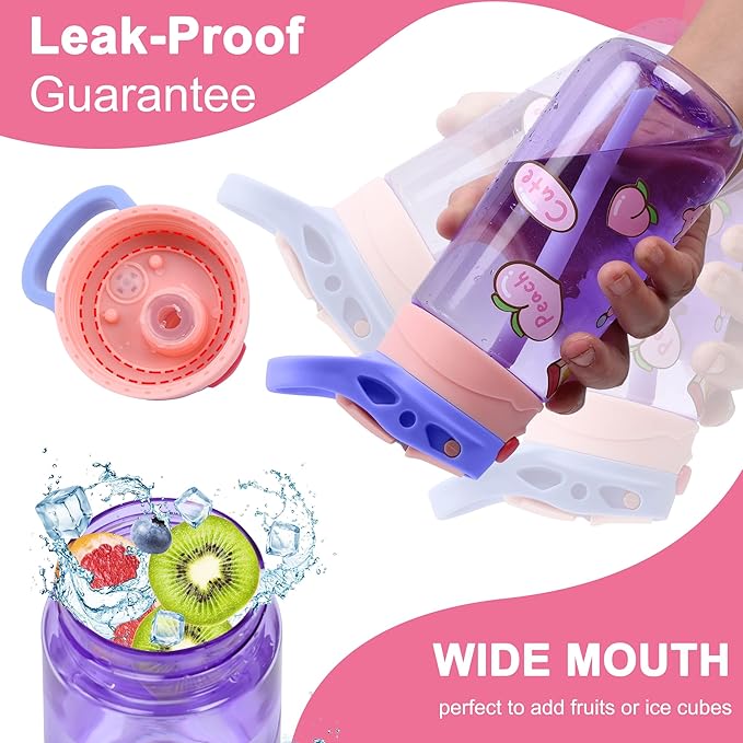 Kids Water Bottle for School 16 OZ Water Bottle with Straw BPA-Free Reusable Leak-proof Water Bottles with One-handed Opening Straw Lids, Anti-dust Spout Cover (PINK)