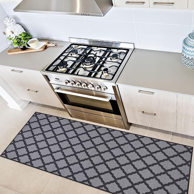 Machine Washable Moroccan Trellis Design Non-Slip Rubberback 2x6 Traditional Indoor Runner Rug for Hallway, Kitchen, Bedroom, 2'2" x 6', Dark Gray