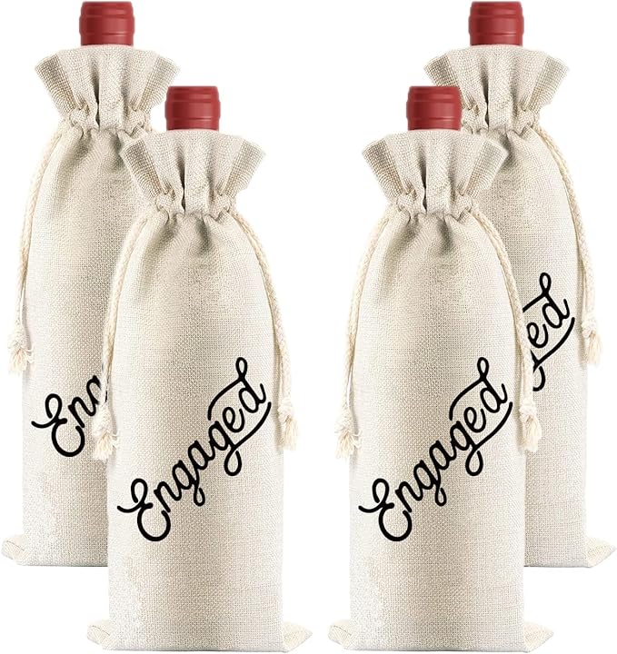 PLIGREAT 4 Pcs Cotton Linen Wine Bags, Reusable Wine Gift Bags with Drawstrings, Wine Bottle Wrap Bags Bulk Congrats Gifts Bags for Engagement Party Thanksgiving Christmas Gifts Bags