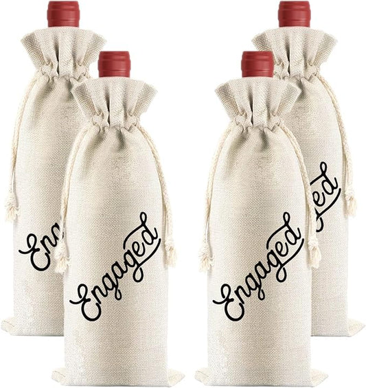 PLIGREAT 4 Pcs Cotton Linen Wine Bags, Reusable Wine Gift Bags with Drawstrings, Wine Bottle Wrap Bags Bulk Congrats Gifts Bags for Engagement Party Thanksgiving Christmas Gifts Bags