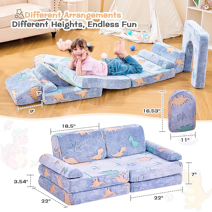 Modular Kids Play Couch,Toddler Couch Kids Sofa,Child Sectional Sofa,Bedroom and Playroom Furniture for Toddlers,Convertible Foam and Floor Cushion for Boys and Girls,Glow in The Dark,Dinosaur