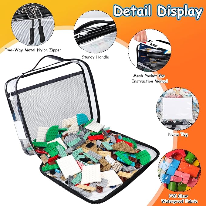 4 Pack Toy Storage Organizer Bag for Lego Bricks, Clear PVC Zippered Block Set with Manual Pocket& Name Tag, Waterproof Toy Carrying Case for Board Games, Building Blocks& Puzzles (Large Black)