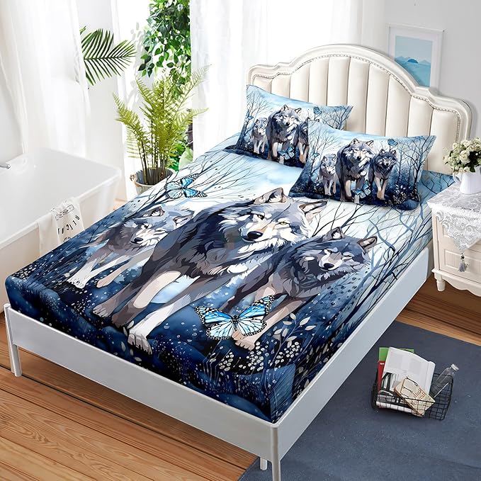AILONEN Wolf Fitted Sheet Set Twin XL Size for Boys Girls Animal Wolf Wildlife Bed Sheet Set,Tie Dye Wolf Fitted Sheet with 2 Pillowcases,3 Pieces Safari Wolves Print Bed Sheet Set