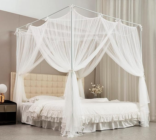 Mengersi Bed Canopy Mosquito Net for Bed,Canopy Bed Curtains Elegant Bed Drapes Screen Netting Canopy Curtains Bedroom Decor (White, Full/Queen)