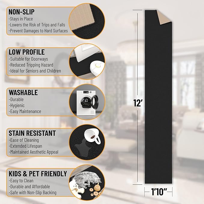 Machine Washable Modern Solid Design Non-Slip Rubberback 2x12 Traditional Runner Rug for Hallway, Kitchen, Bedroom, Living Room, 1'10" x 12', Black