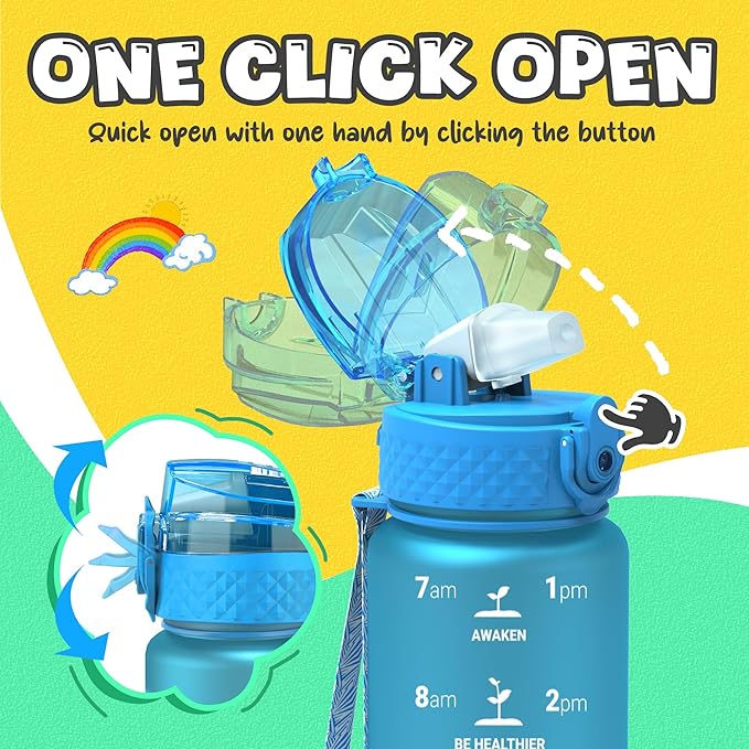 OLDLEY Kids Water Bottle for School, 17 oz (Straw Lid) BPA-Free Reusable Leak-proof Durable Tritan Plastic Water Bottles with One-handed Opening Straw Lids, Anti-dust Spout Cover (Blue)