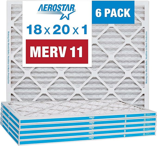 Aerostar 18x20x1 MERV 11 - 6 Count - Pleated HVAC, Furnace & Air Conditioner Filters - Removes Dust, Cold & Flu Germs, Lint, Mold, Pet Dander, Allergy-Causing Pollen, Smog & Smoke