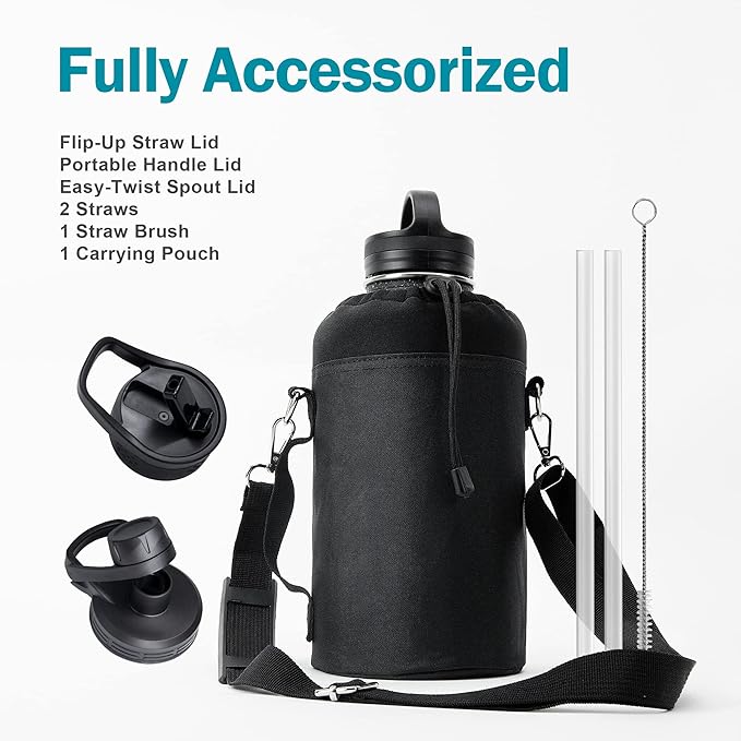 BUZIO Water Bottle with Straw lid, Spout Lid, Hand Lid and Carrying Pouch, 32oz 40oz 64oz Stainless Steel Water Flask Jug, Cold for 48 Hrs Hot for 24 Hrs Double Vacuum Thermo Canteen Mug, BPA-Free