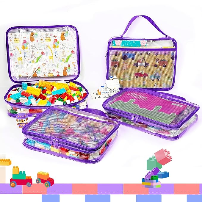 4 Packs PVC Toy Zippered Blocks, Travel Storage Case Bags for Organizing, Waterproof Toy Storage Bags with Mesh Pockets for Building Blocks, Puzzles, Clays,Toy Cars 13.3"Lx3" Wx10.4" H (Purple).