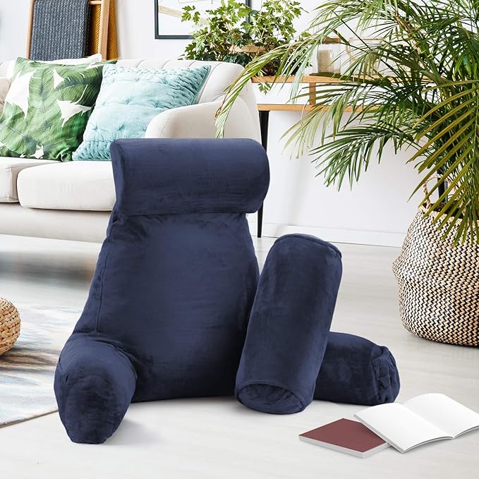 Nestl Reading Pillow Large Bed Pillow, Back Pillow for Sitting in Bed Shredded Memory Foam Chair Pillow, Reading & Bed Rest Pillows Navy Blue Back Pillow for Bed, Bed Chair Arm Pillow with Pockets