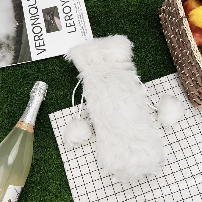 Wine Gift Bags Christmas Champagne Gift Bag for Engagement Wedding Birthday Wine Bottle Cover Decorative Fluffy Plush Drawstring Bag for 750ml Wine Bottles, Housewarming Gifts (White)