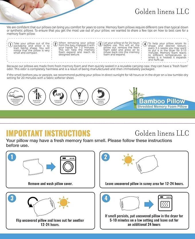 Golden Linens Full Body Pillow Hotel Quality Shredded Memory Foam with Removable Cover with Zipper - with Cool-Flow - 16" X 48" Body Pillow