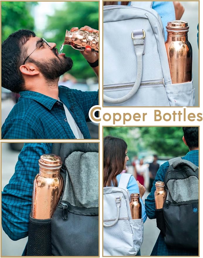 Copper Water Bottle With 2 Water Glasses - Copper Bottle for Drinking Water - 100% Copper Water Bottle - Home Essentials for New Home - Ayurvedic Pure Copper Vessel for Drinking Healthy Water