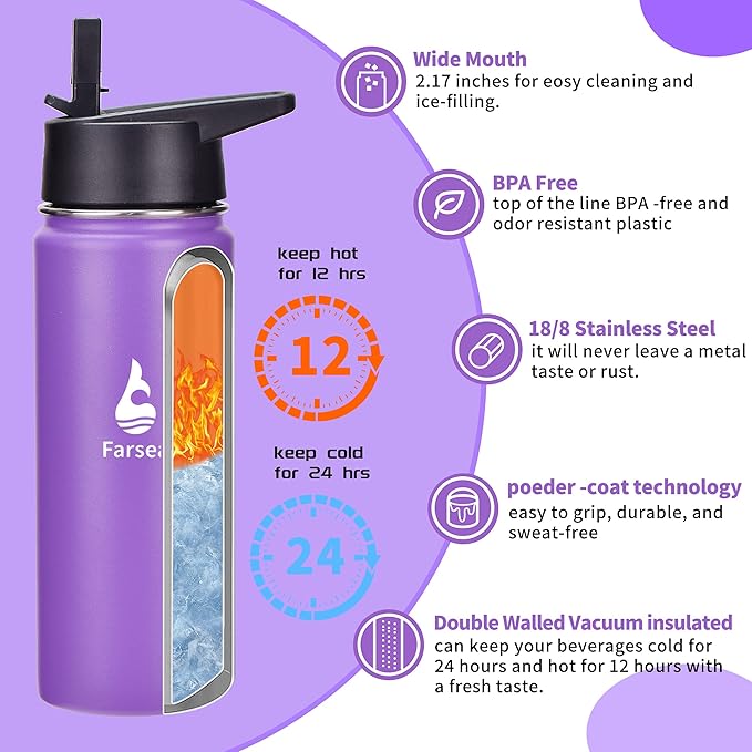 Farsea Insulated Water Bottle with Straw Lid & Spout Lid & Paracord Handle, Stainless Steel Water Bottle Wide Mouth, Double Wall Sweat-Proof BPA-Free, 18 oz, Purple