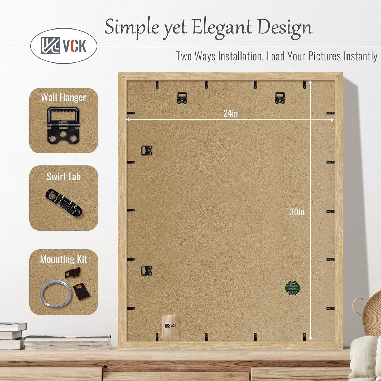 VCK 24x30 Oak Wood Frame for Poster & Picture, Natural Solid Wood Photo Frames 3 Pack, Wall Mounting Hanging