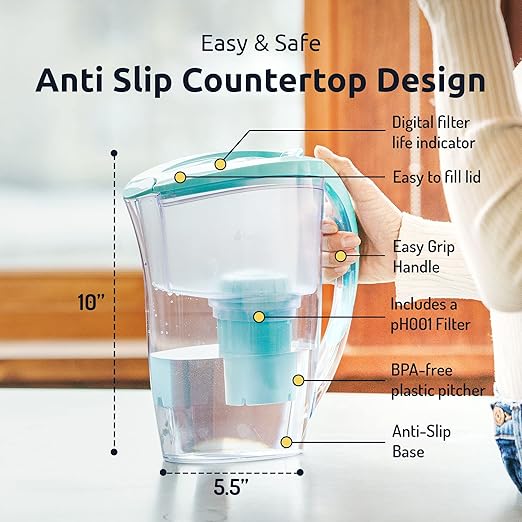 pH Refresh Alkaline Water Pitcher with Long-Life Filter – Alkaline Water Filter – Water Filtration System – High pH Alkaline Water Dispenser, 84oz, 2.5L (Aqua)