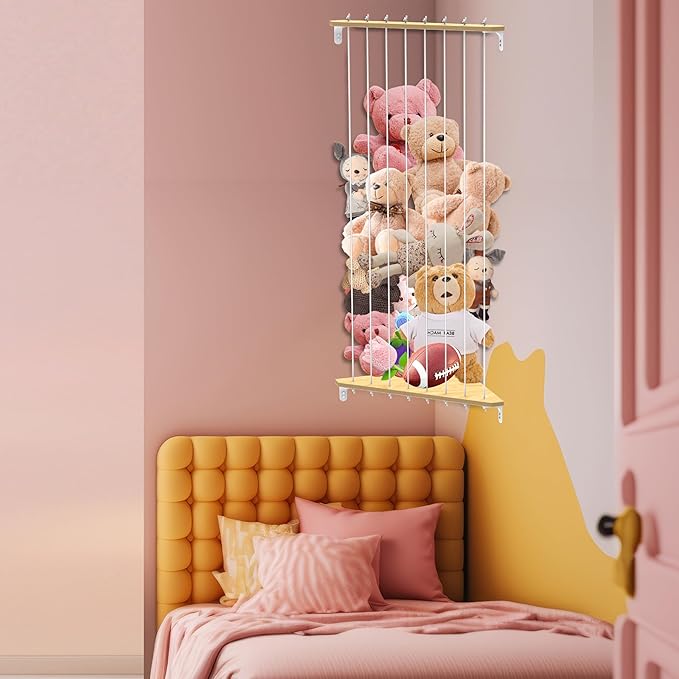 Stuffed Animal Storage Wood Corner Plush Toys Holder, Length Adjustable Hanging Stuffed Animal Toy Organizer Shelf for Nursery Kid Room Play Room Bedroom