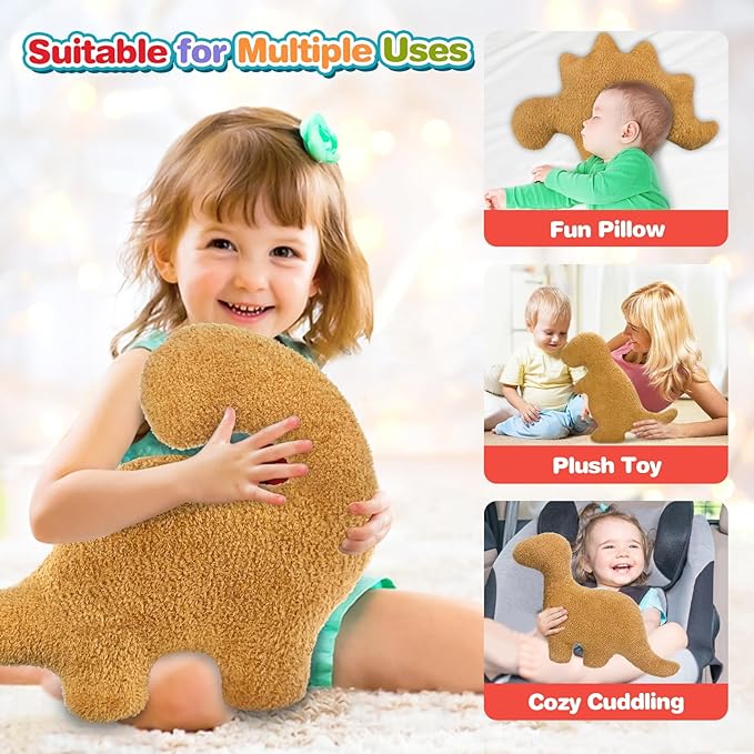 Dino Nuggets Pillow, Dinosaur Chicken Nuggets Plush Funny Gifts for Teen Boys Girls, Fun Throw Pillows Cute Room Decor for Teens Dinosaur Gifts (Small, Brontosaurus Style 2)