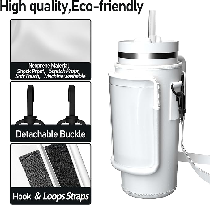 Water Bottle Carrier Bag with Phone Pocket for 40oz Tumbler with Handle, Adjustable Strap Neoprene Water Bottle Sleeve Pouch for Hiking Camping Travelling. (White)