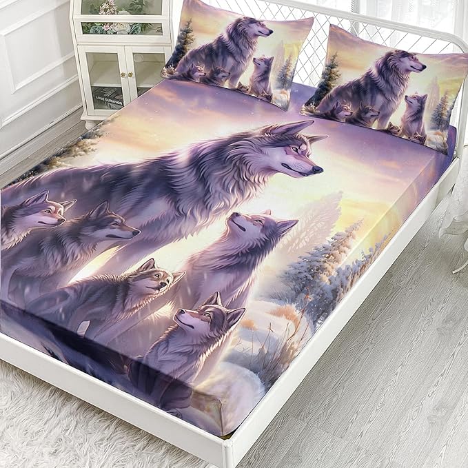 AILONEN Wolf Fitted Sheet Set Twin Snow Wolf Bed Sheet Set, Wolfmother and Wolf Pups Theme Bedding Set 3 Pieces Wildlife Wolf Sheet Set for Boys Girls,1 Fitted Sheet with 2 Pillowcases