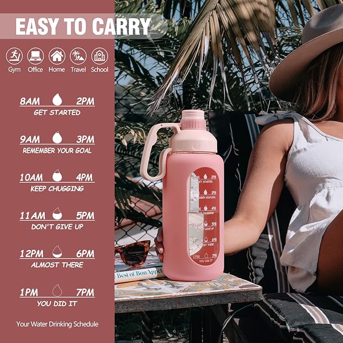 MUKOKO 64oz Glass Water Bottles with Straw, Half Gallon Water Bottle with Time Marker, Motivational Water Bottle with Silicone Sleeves,Large Glass Water Bottle for Gym,Working,Outdoor,Pink