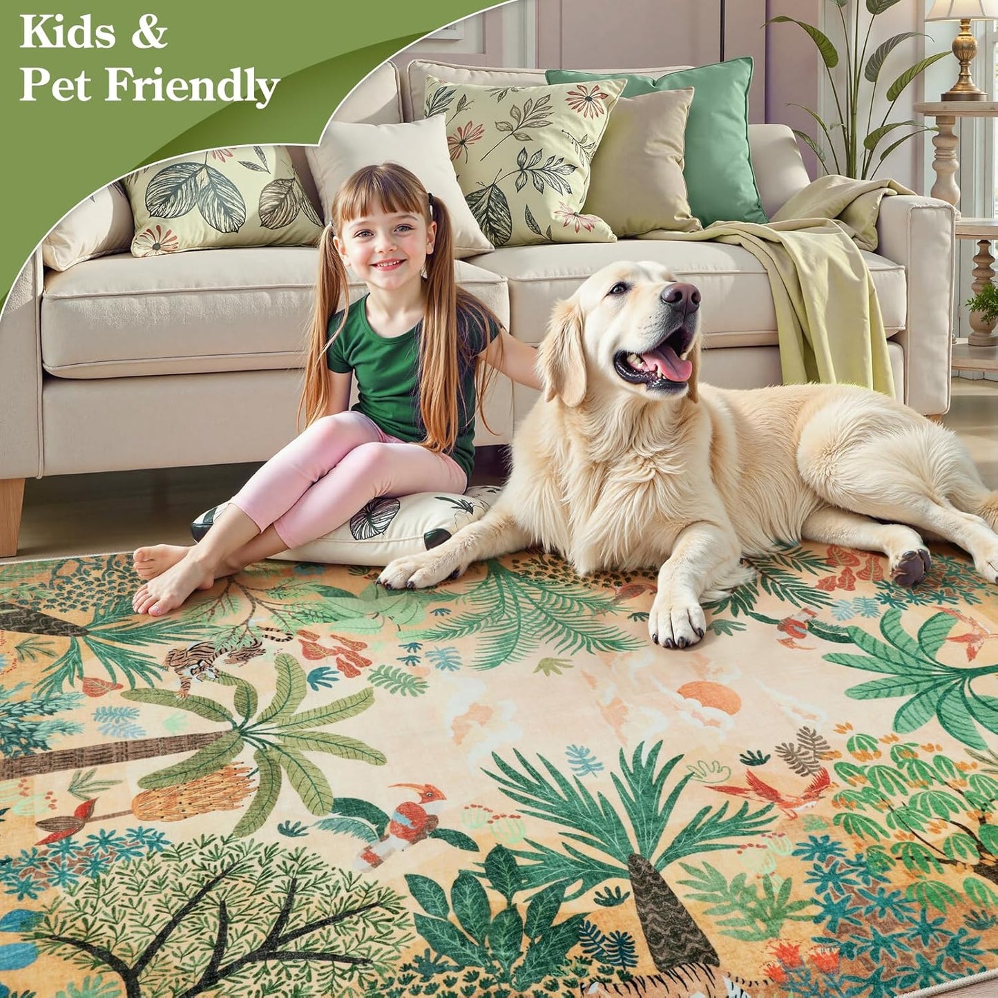 LIVEBOX Boho 8x10 Area Rugs for Living Room, Washable Soft Jungle Animal Print Rug for Bedroom, Farmhouse Non Slip Rug Floor Carpet, Forest Dining Room Rugs for Under Table