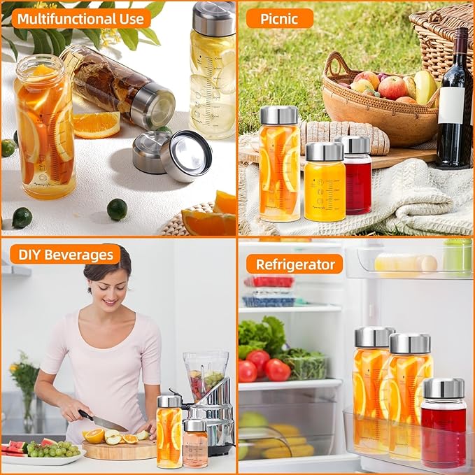 Glass Juice Bottles 4 Pack 10 oz - Wide Mouth Glass Water Bottles with Lids - for Juicing, Smoothies, Milk, Protein, BPA Free, Reusable, Stainless Steel Lids, Leak Proof, Shaker bottle (10oz/300ml)