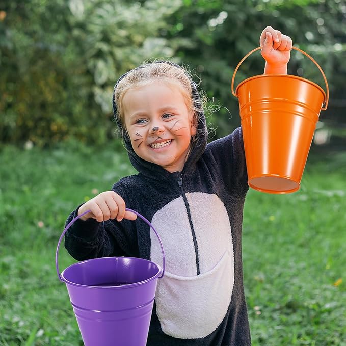 Sadnyy 12 Pack Metal Buckets with Handle, Galvanized Bucket 4.5 x 5 Inch Basket Bucket for Kids, Kids Party Supplies, Crafts for Christmas Halloween Christmas Candy Bars Vase Crafts(Horror Color)