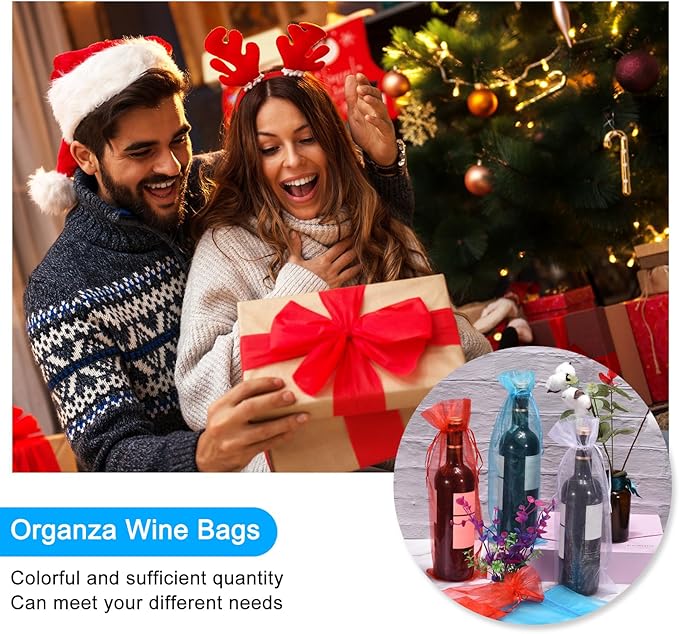 uxcell Organza Wine Bags, 12PCS 14.5 x 5.5 In Dark Blue Sheer Mesh Organza Wine Wrapping Bags With Drawstring Wine Gift Pouches for Bottle Birthday, Wedding Party