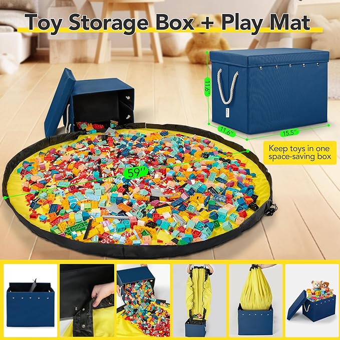 Toy Storage Organizer and Play Mat for Kids - Foldable Organizer Storage Bins with Lids - Detachable Mat Storage Bag Kids Toy Box for Boys, Girls, Nursery, Playroom, 11.6''x11.6''x15.5''(Blue)