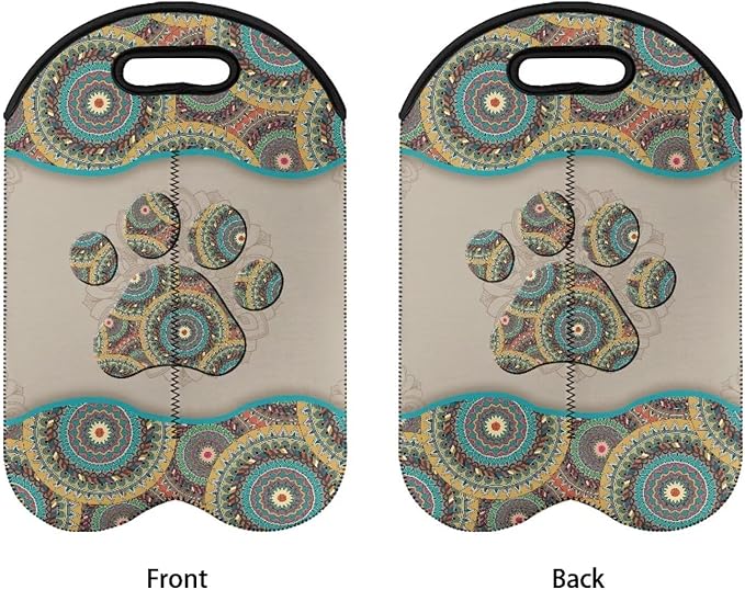 doginthehole Boho Dog Paw Print Wine Carrier Travel Bag 2 Bottle Wine Tote Portable Neoprene Champagne/Water Bottle/Beer/Drinks Carrying Bag for Travel, Picnic, Party