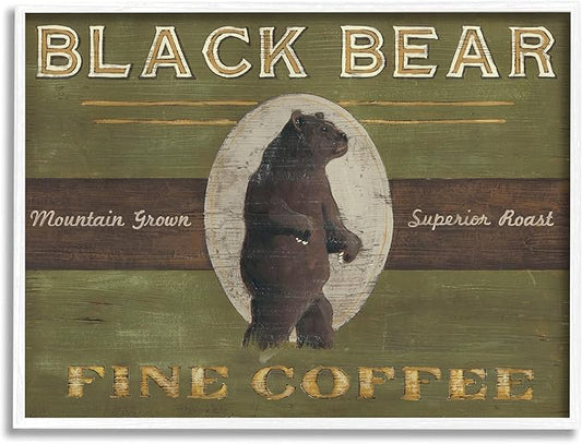 Stupell Industries Black Bear Fine Coffee Rustic Kitchen Mountain Animal, Designed by June Erica Vess White Framed Wall Art, 11 x 14, Green