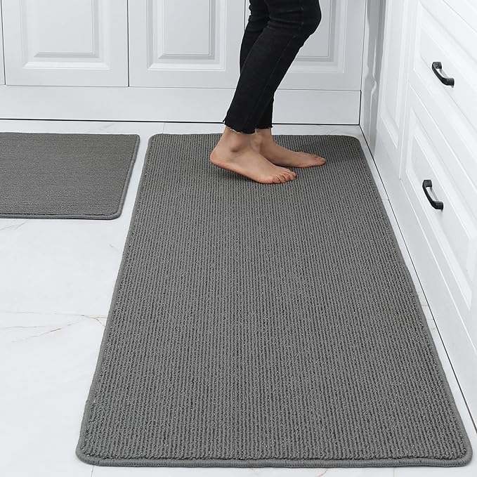 COSY HOMEER 20x30 Inch/20X48 Inch Kitchen Rug Mats Made of 100% Polypropylene Strip TPR Backing 2 Pieces Soft Kitchen Mat Specialized in Anti Slippery and Machine Washable,Grey