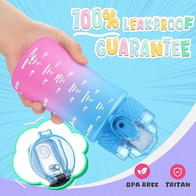 OLDLEY Kids Water Bottle for School, 12 oz (2 lids) BPA-Free Reusable Leak-proof Durable Tritan Plastic Water Bottles with Straw & Chug Lids, Anti-dust Spout Cover (Lake)