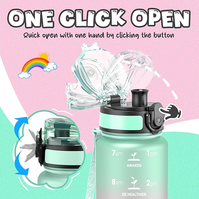 OLDLEY Kids Water Bottle for School, 17 oz (2 lids) BPA-Free Reusable Leak-proof Durable Tritan Plastic Water Bottles with Straw & Chug Lids, Anti-dust Spout Cover (Mintpink)