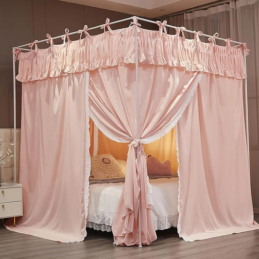 Ruffle Lace up 4 Corners Post Princess Curtain Bed Canopy Cozy Breathable Mosquito Net Cloth for Girls Adults Bedroom Decoration (Pink, 53" W*78" L*82" H/Full)