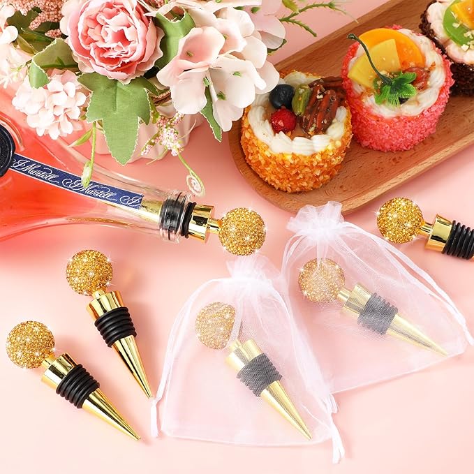 Crystal Wine Bottle Stopper Diamond Wine Stoppers Reusable Zinc Alloy Silicone Beverage Saver Corks Wine Decorative Bottle Stoppers with Sheer Bags for Wedding Bar Gifts(Gold,12 Set)
