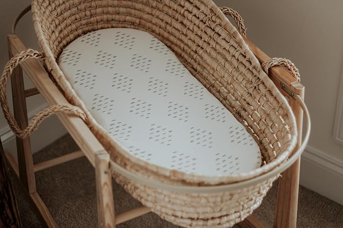 Bassinet Sheets Fitted Cover - Flexible Fit 100% Soft Jersey Knit Cotton - Neutral Grey Sage Diamond - 2 Pack Set