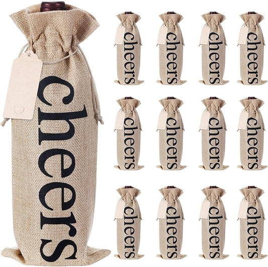 SIRIPHUM Burlap Wine Bags and Gift Tags, Wine Bottle Gift Bags with Drawstrings,Wine Bags Gift for Travel, Wedding, Holiday Party,Birthdays,Housewarming and Dinner Party (Natural-12PCS)