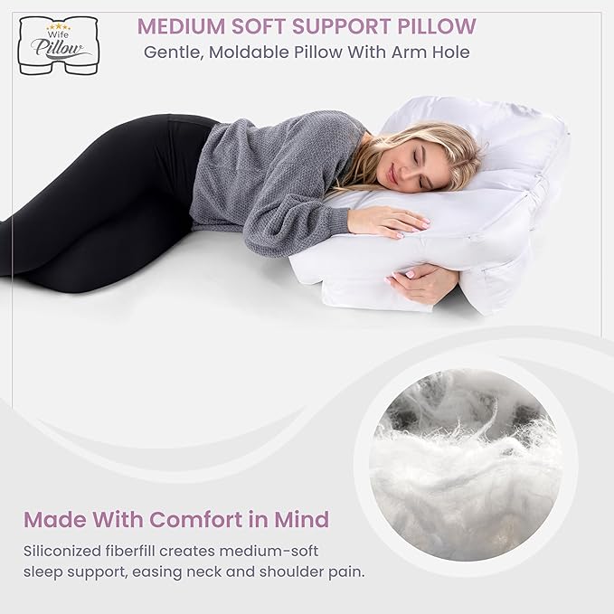 Medium Soft Support. Ergonomic Arm Holes Positioner. Bed Side Sleeper. Cervical Neck, Shoulder & Rotator Cuff Pain Relief. Fully Adjustable. Down Alternative Siliconized Fiber Fill