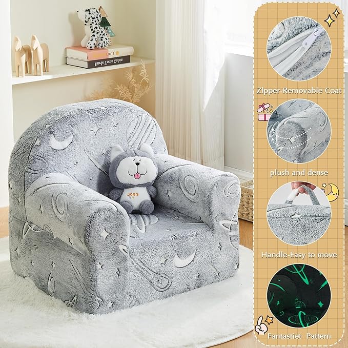 Toddler Chair Sherpa Couch Sherpa Kids Chair, Cuddly Comfy Toddler Plush Chair Toddler Couch Reading Chair for Kids Glow in The Dark Starry Sky Grey